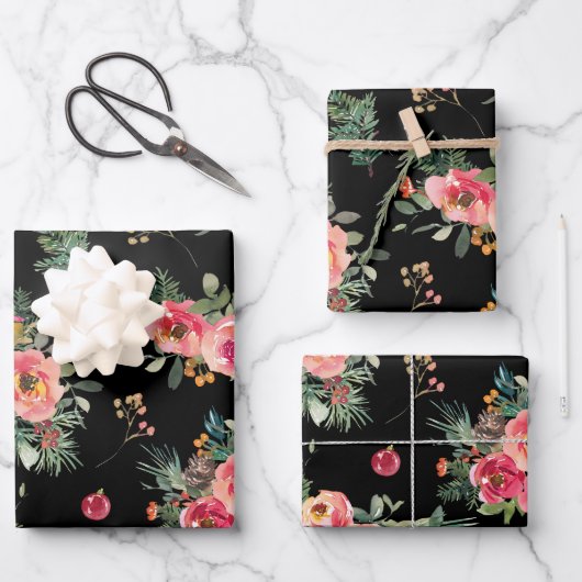 Moody bloempatroon | Black Christmas Botanical Inpakpapier Vel (Voorkant)