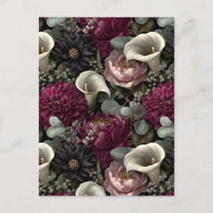 Moody Bloempatroon met Dahlia's en Calla Lelies Feestdagenkaart