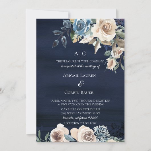Moody Blue Champagne Floral Wedding Invitation Kaart (Voorkant)