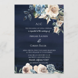Moody Blue Champagne Floral Wedding Invitation Kaart