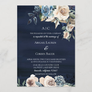 Moody Blue Champagne Floral Wedding Invitation Kaart