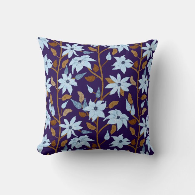 Moody Blue Clematis Trailing Floral Pattern Kussen (Voorkant)