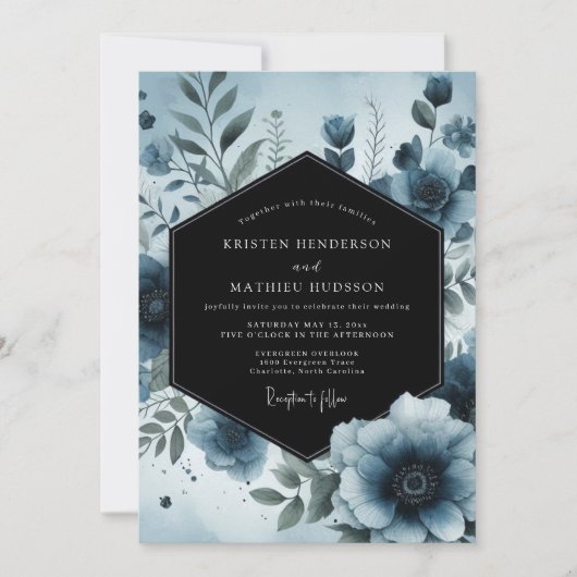 Moody Blue Floral Botanical Wedding Kaart (Voorkant)