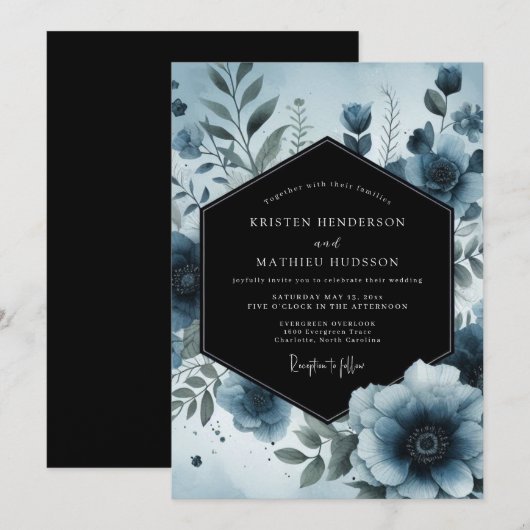 Moody Blue Floral Botanical Wedding Kaart (Voorkant / Achterkant)