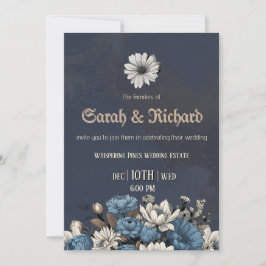 Moody Blue Floral Custom Photo Wedding Kaart