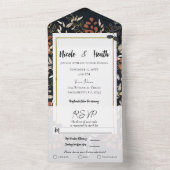 Moody Blue Gold Bold Botanical Leaves Wedding All In One Uitnodiging (Binnen)