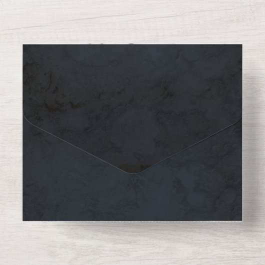 Moody Blue Gold Bold Botanical Leaves Wedding All In One Uitnodiging (Achterkant)