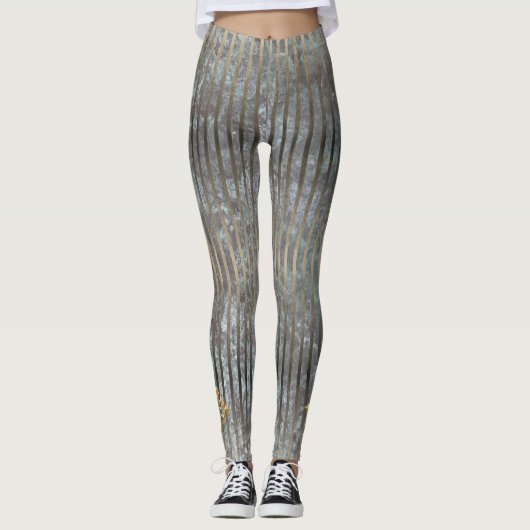 Moody Blue & Gold Stripe Patroon Leggings (Voorkant)