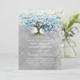 Moody Blue Gray Silver Heart Leaf Tree Wedding Kaart