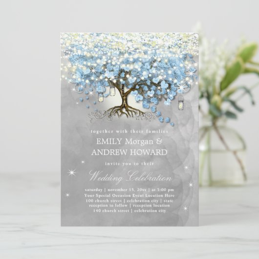 Moody Blue Gray Silver Heart Leaf Tree Wedding Kaart (Staand voorkant)