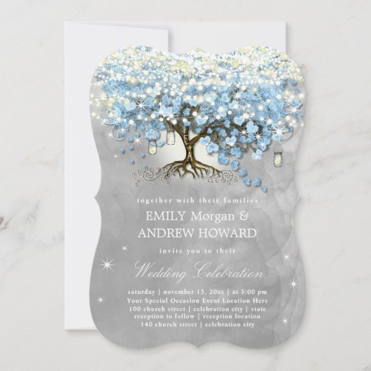 Moody Blue Gray Silver Heart Leaf Tree Wedding Kaart (Voorkant)