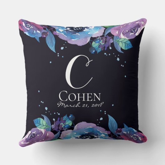 Moody Blue Paarse bloemmonogram Kussen (Achterkant)