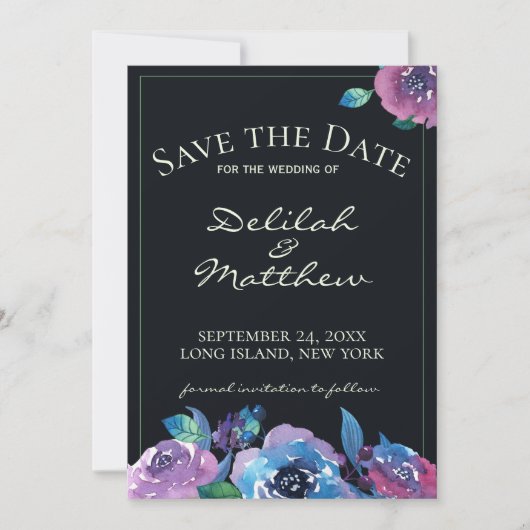Moody Blue Paarse Twilight Floral Save the Date (Voorkant)