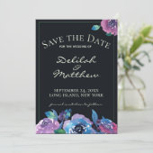 Moody Blue Paarse Twilight Floral Save the Date (Staand voorkant)