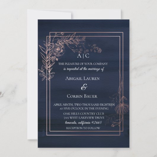 Moody Blue Roos Gold Wedding Invitation Kaart (Voorkant)