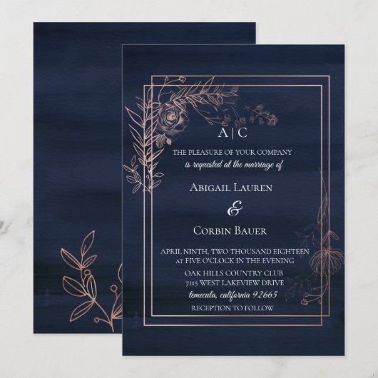 Moody Blue Roos Gold Wedding Invitation Kaart (Voorkant / Achterkant)
