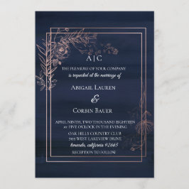 Moody Blue Roos Gold Wedding Invitation Kaart