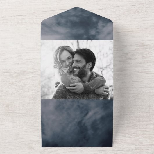 Moody Blue Sky Clouds Celestial Wedding All In One Uitnodiging (Buitenkant)