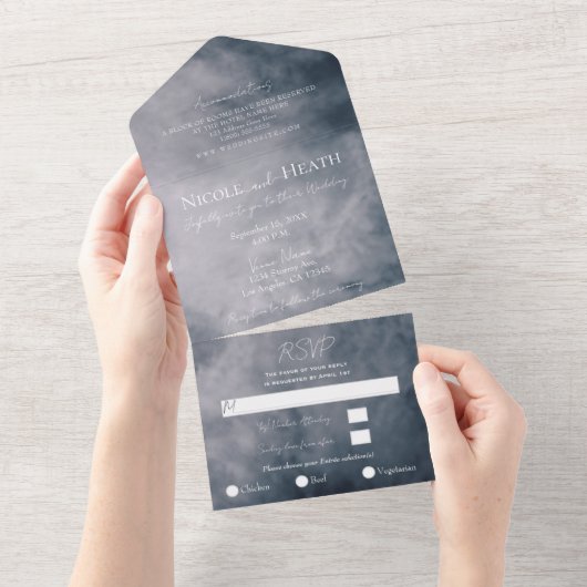 Moody Blue Sky Clouds Celestial Wedding All In One Uitnodiging (Afscheurbaar)