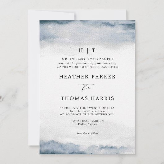 Moody Blue Waterverf Classic Elegant Bruiloft Kaart (Voorkant)