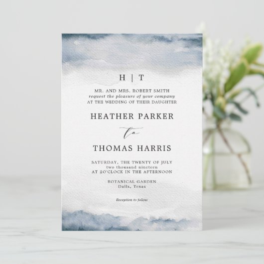 Moody Blue Waterverf Classic Elegant Bruiloft Kaart