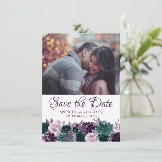 Moody Boho | Aubergine Paarse Blauwgroen Garland 2 Save The Date (Staand voorkant)