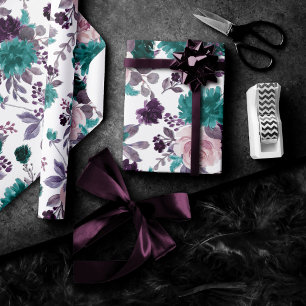 Moody Boho   Aubergine Paarse en Blauwgroen Roos P Cadeaupapier