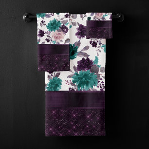 Moody Boho   Aubergine Paarse en Blauwgroen Roos S Bad Handdoek