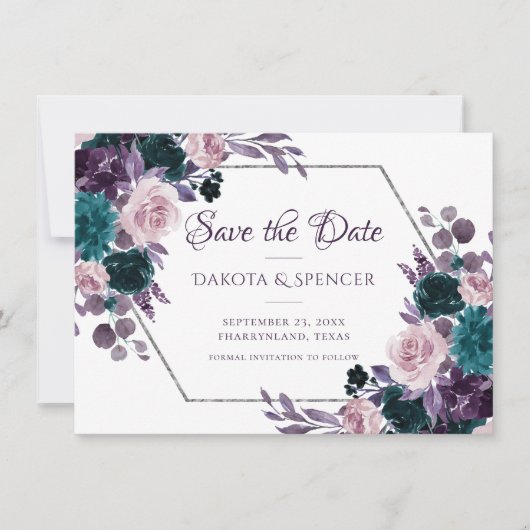 Moody Boho | Aubergine Paarse zilveren Lijsten boe Save The Date (Voorkant)