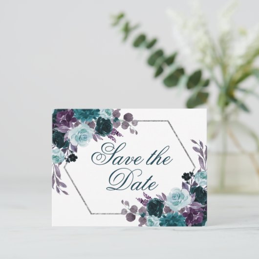 Moody Boho | Blauwgroen Dark Floral Lijst Save the Briefkaart (Staand voorkant)
