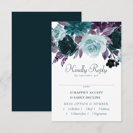 Moody Boho | Blauwgroen en aubergine Paarse Roos E RSVP Kaartje (Voorkant / Achterkant)