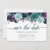 Moody Boho | Blauwgroen en aubergine Paarse Roos G Save The Date (Voorkant)