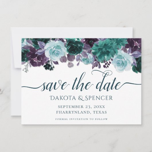 Moody Boho | Blauwgroen en aubergine Paarse Roos G Save The Date (Voorkant)
