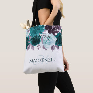 Moody Boho Blauwgroen en Paarse Floral Garland C Tote Bag