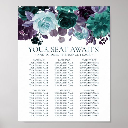 Moody Boho | Blauwgroen en Paarse Floral zitkaart Poster (Voorkant)