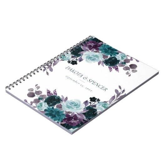 Moody Boho | Blauwgroen en Paarse Roos Bloemen Cus Notitieboek (Linkerzijde)