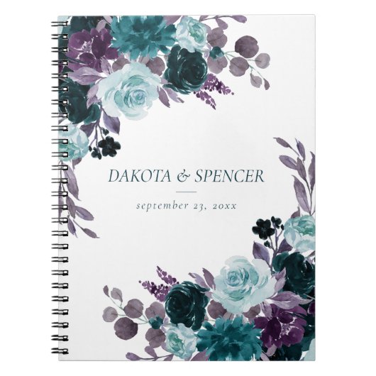 Moody Boho | Blauwgroen en Paarse Roos Bloemen Cus Notitieboek (Voorkant)