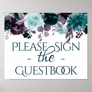 Moody Boho   Blauwgroen en Paarse Rozen Gastenboek Poster