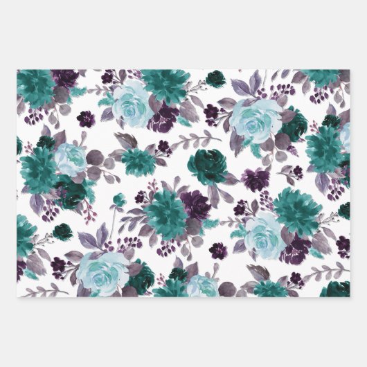 Moody Boho | Blauwgroen Turquoise donker bloemmoti Inpakpapier Vel (Voorkant)