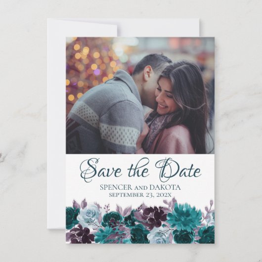 Moody Boho | Blauwgroen Turquoise Paarse Bloemen 2 Save The Date (Voorkant)