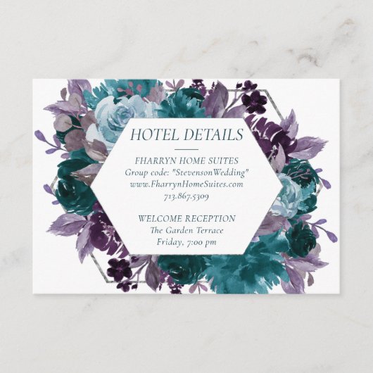 Moody Boho | Blauwgroen turquoise Paarse boeket De Informatiekaartje (Voorkant)