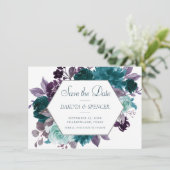 Moody Boho | Blauwgroen Turquoise Paarse Boeket Li Save The Date (Staand voorkant)