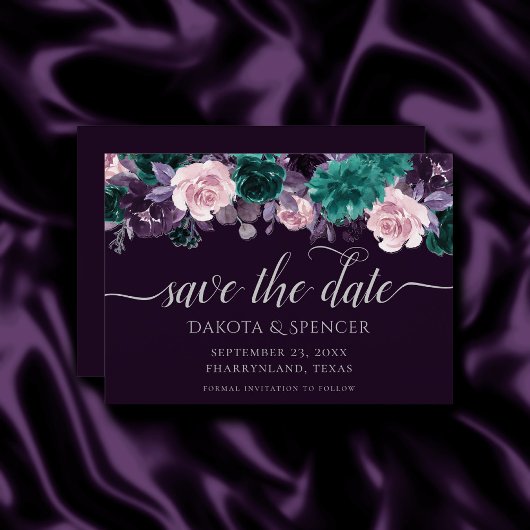 Moody Boho | Dark Eggplant Purple and Teal Floral Save The Date