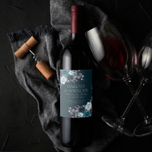 Moody Boho Deep Blauwgroen en Aubergine Paarse C Wijn Etiket