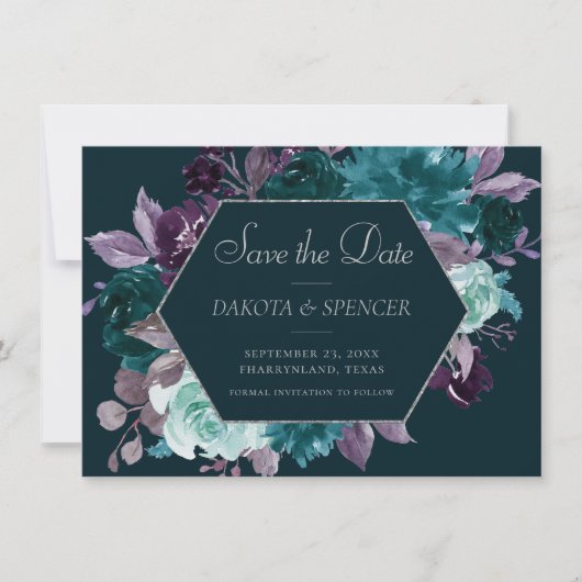Moody Boho | Deep Blauwgroen en Paarse Garland Fot Save The Date (Voorkant)
