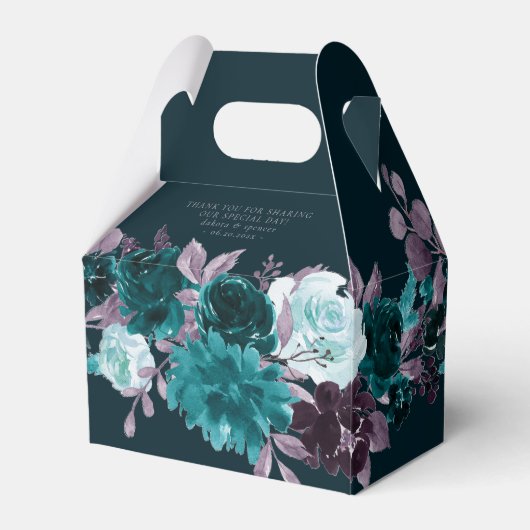 Moody Boho | Diep Blauwgroen en Paarse Bloemen Cus Bedankdoosjes (Achterkant)