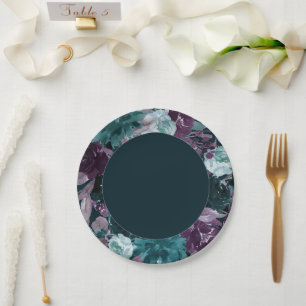 Moody Boho   Diepe Blauwgroen en Paarse bloemenkra Papieren Bordje