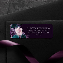 Moody Boho | Donkere Aubergine Paars en Teal Bloem Etiket