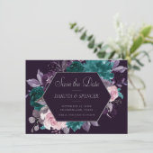 Moody Boho | Donkere aubergine Paarse en Blauwgroe Save The Date (Staand voorkant)