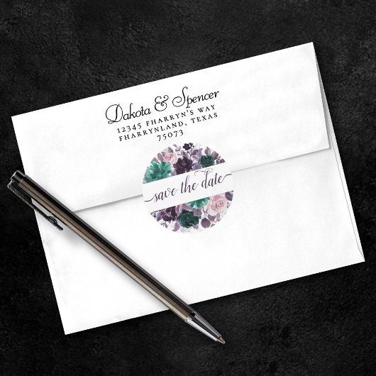 Moody Boho | Eitplant Paarse Floral Save the Date Ronde Sticker